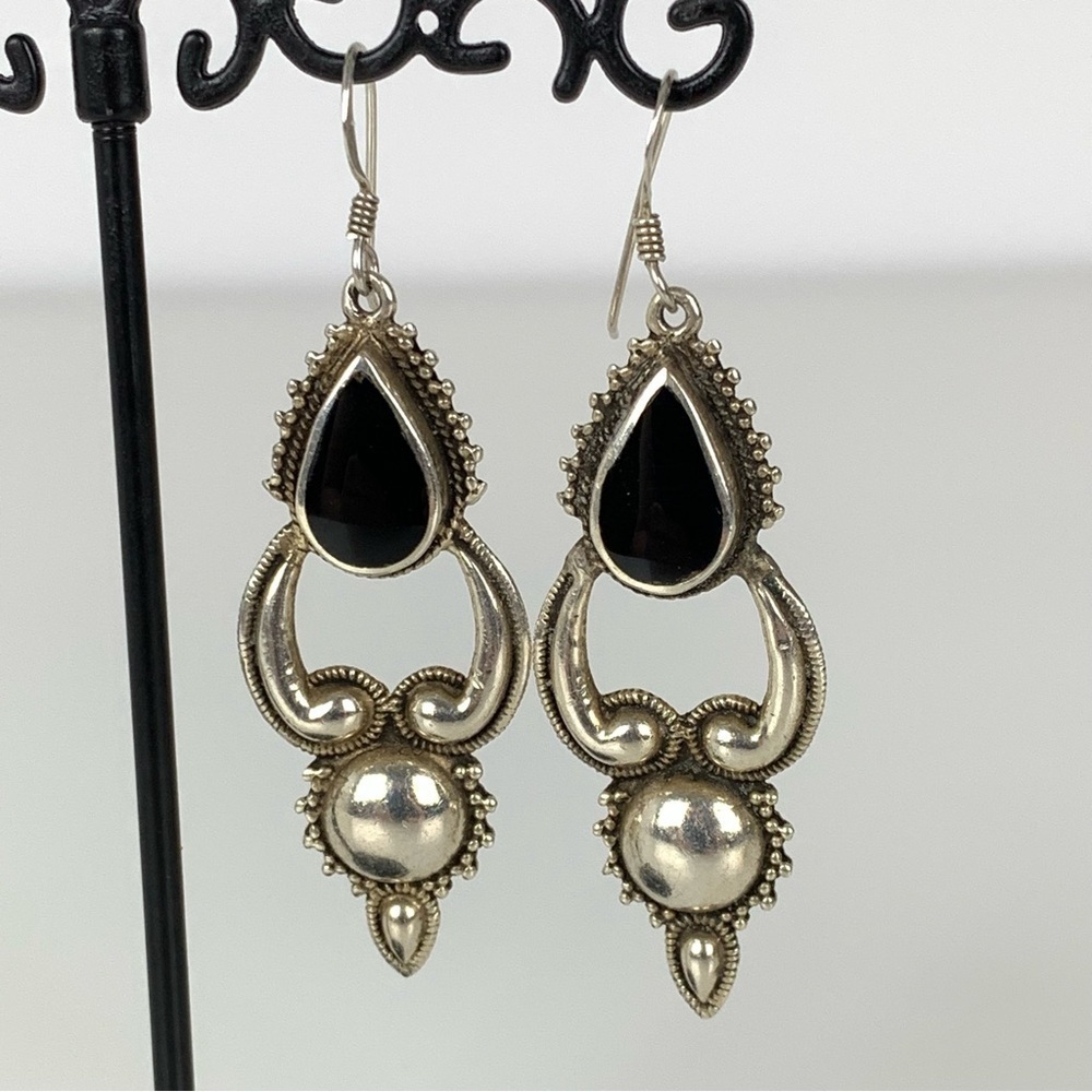 Sterling Silver Earrings Black Stone Victorian Style Vtg Stamped 925 Gothic